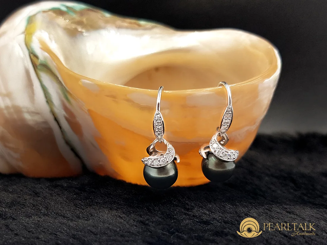 BÔNG TAI BẠC KIỂU ĐEN ÁNH XANH 9MM